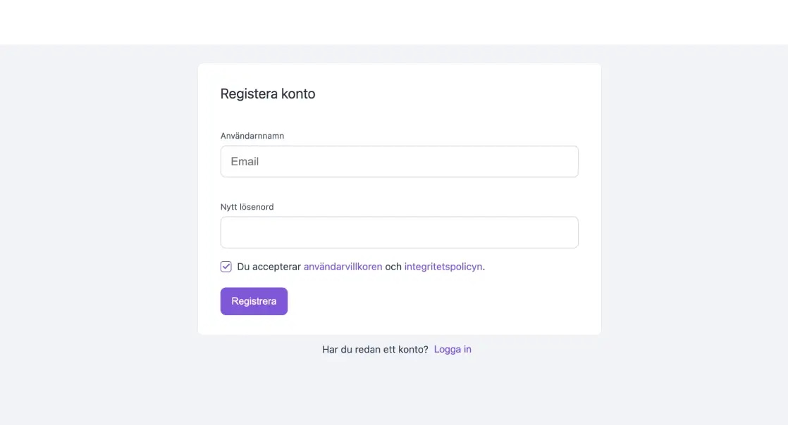 En skärmdump på när man registrerar konto på UnderDB
